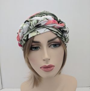 Tropical Print Turban Hat Cap Green Pink White